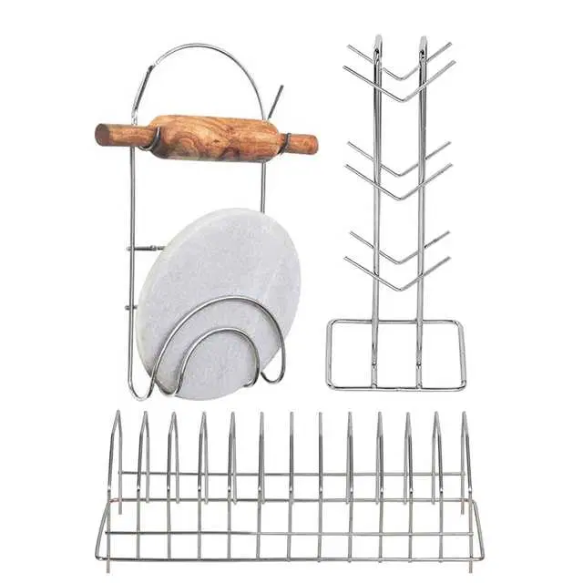 Stainless Steel Cup Stand & Plate Stand & Chakla Belan Stand For Kitchen, Set of 3, OC-017