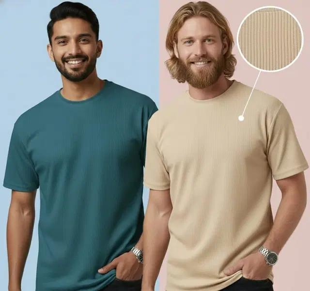 Polyester Round Neck T-shirt for Men, Multicolour, Pack of 2 (M)