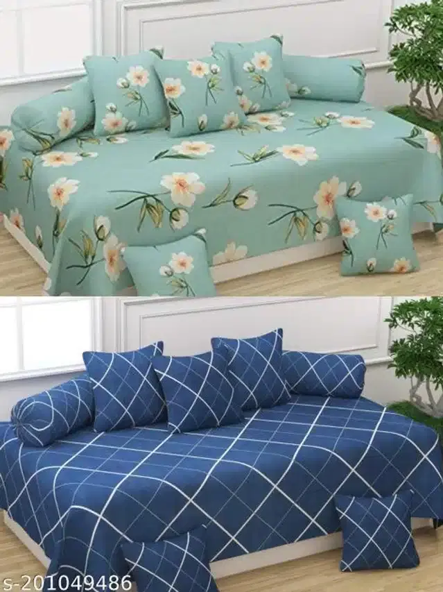 Polycotton Diwan Cover Set, Aqua Green & Blue, Combo of 2