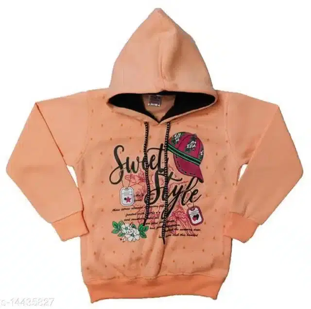 Fleece Printed Full Sleeves Hooded Sweatshirt for Girls (Peach, 4-5 Years)