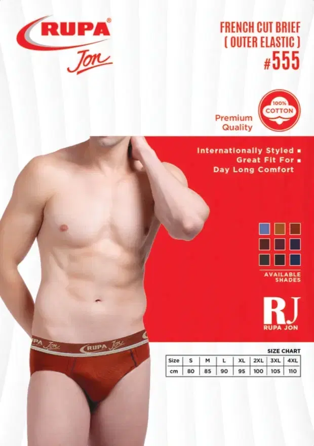 Rupa Jon French Cut Brief Outer Elastic for Men  Assorted (90 CM) Pack of 1