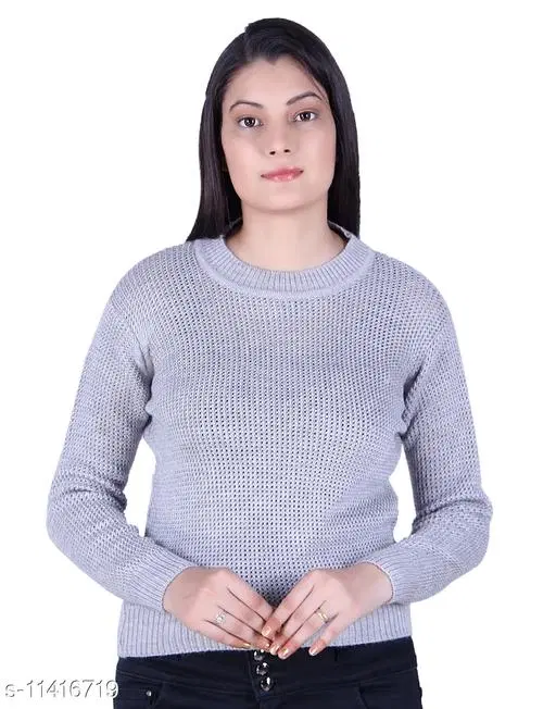 Acrylic Solid Sweater for Women (Grey, M)