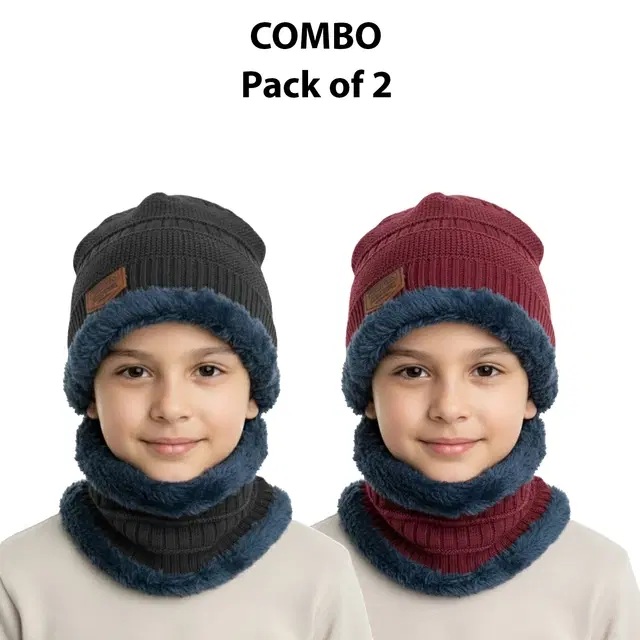 Woolen Solid Cap with Neck Wramer for Kids, Pack of 2, Multicolor