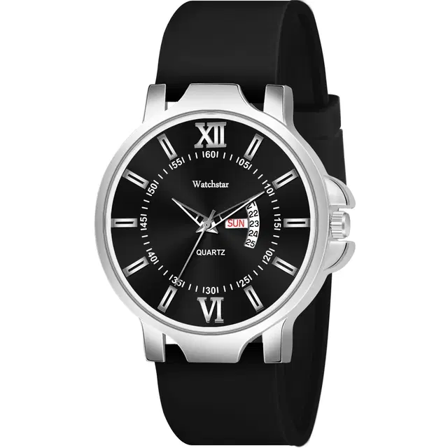 Analog Watch with Day & Date display with Silicone Strap for Men, Black