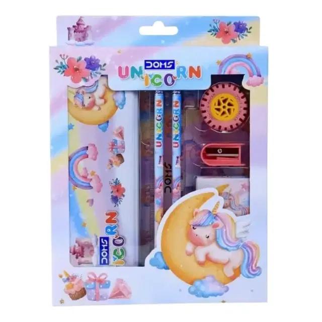 DOMS Unicorn Stationery 7 pcs Kit Includes 1 Unicorn Compass Box,1 Sports Wheel Shape Eraser, 1 Sharpener, 2 Unicorn Pencils & 1 Pack of 12 Shades Wax Crayons, Pack of 1