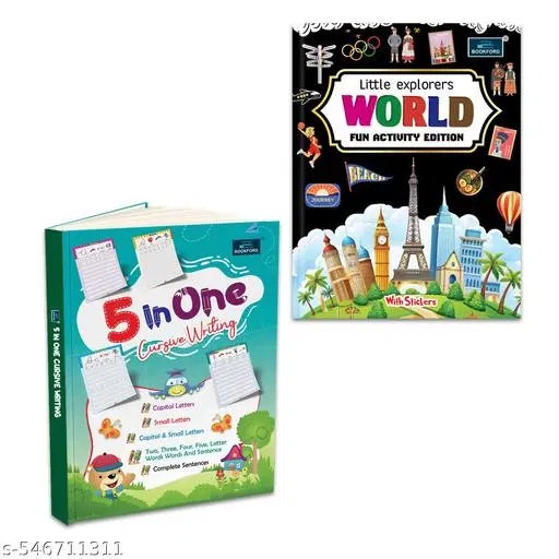 Little Explorers WORLD Fun Activity Edition with Stickers + 5-in-1 Cursive Writing Workbook – Set of 2 Engaging Books to Improve Handwriting Skills