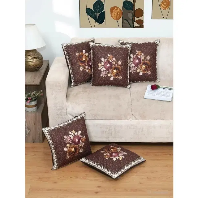 Quilted Brown Abstract Printed Cushion Cover Pack Of 5