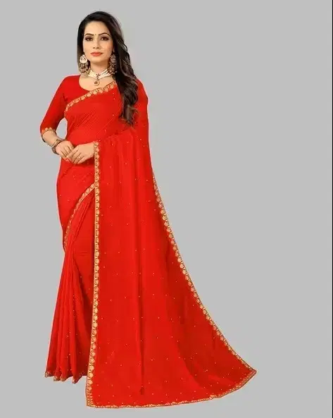Lycra Blend Solid Saree for Women (Red, 6.3 m)