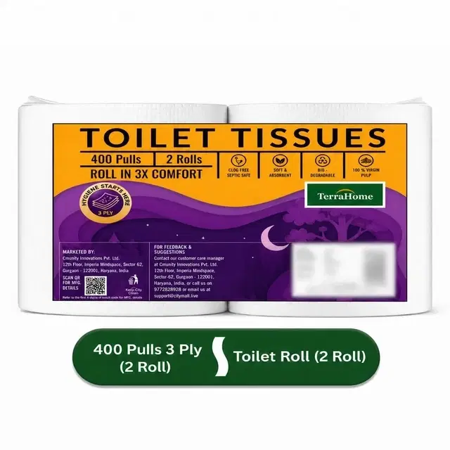 TerraHome Toilet Tissue Paper Rolls, 3 Ply, 400 Pulls [2 x 200 Pulls]