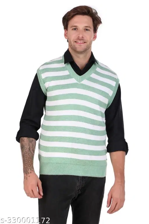 Half Sleeves Sweater for Men (Green & White, L)