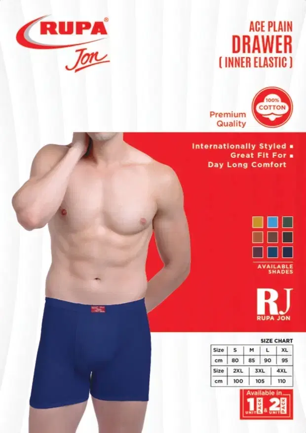 Rupa Jon Ace Plain Drawer Inner Elastic Briefs for Men  Assorted (95 CM) Pack of 1