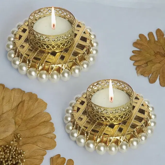 Metal Designer Tealight Candle Holder, Gold, 8.5x8.5x3 cm, Pack of 2