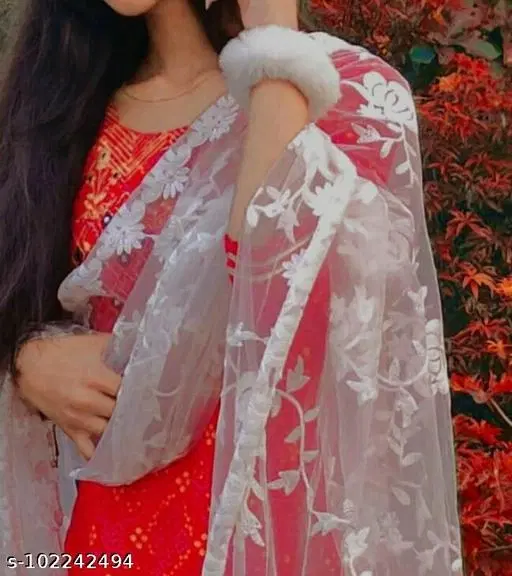 Embroidered Rajasthani Net Sewing & Embroidery (White, Free Size)