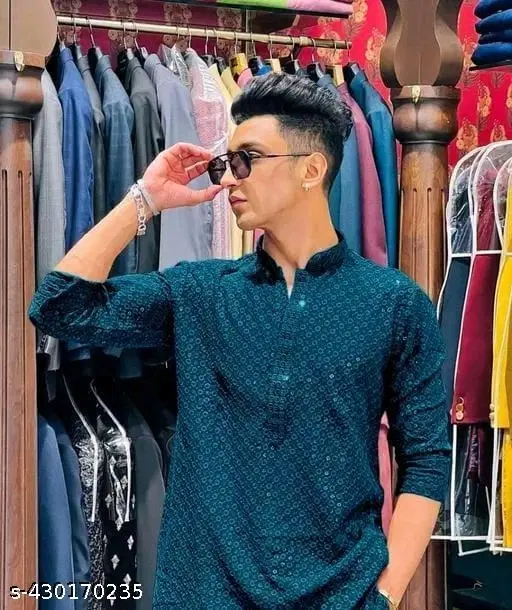 Embroidered Mandarin Neck Kurta for Men (Blue, S)