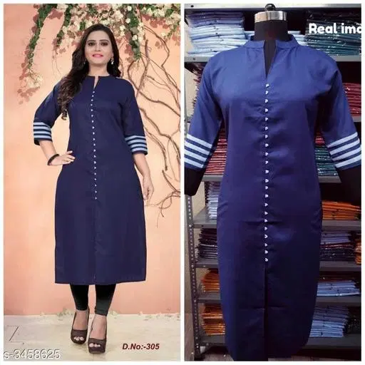 Solid Cotton Kurti for Women (Blue, L)