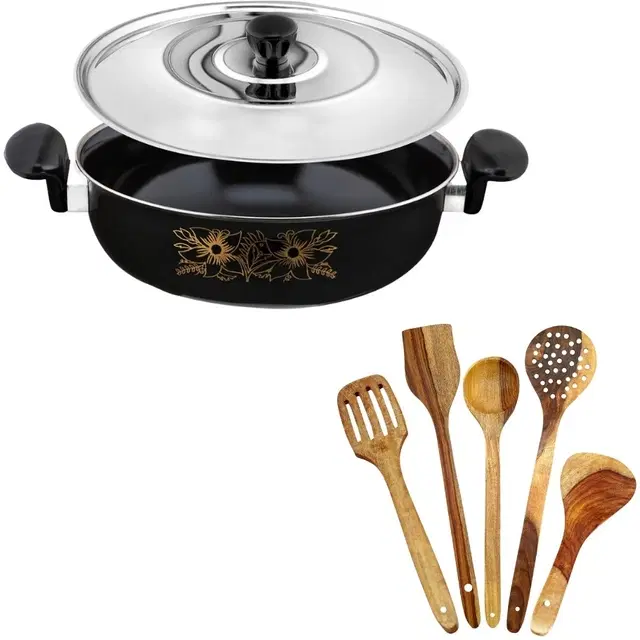 Cast Iron Kadai with 5 Pcs Spatula Set, Multicolor, Set of 2