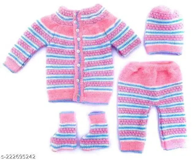 Woolen Sweater with Pajama & Cap with Socks Set for Newborn Baby, Set of 1 (Pink & Blue, 0-6 Months)