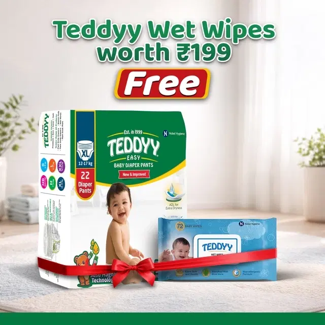 Teddyy Baby Easy Diapers Pants (Xtra Large) 22 Pcs + Free Teddy Wet Wipes (With Lid) 72 Pcs