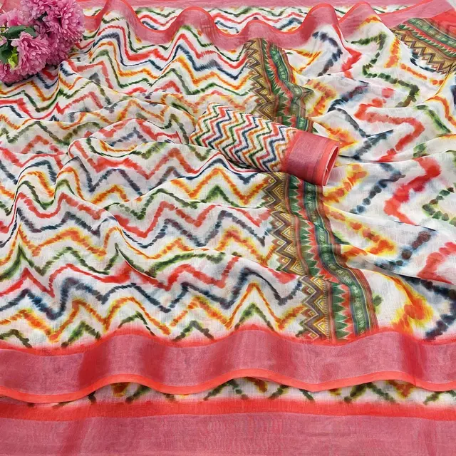 Linen Printed Saree for Women, Multicolor (6.3 m)