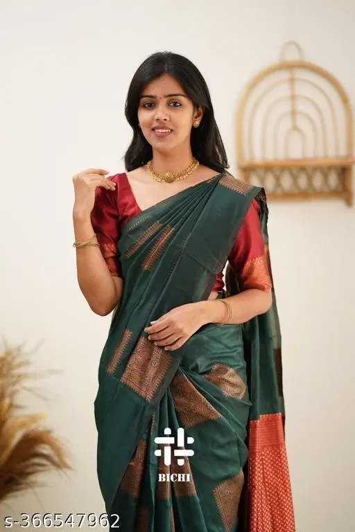 Linen Saree for Women (Green, Free Size)