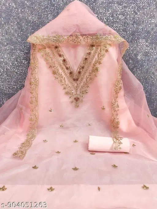 Organza Embroidered Punjabi/All Over Suits for Women (Peach, Un Stitched)