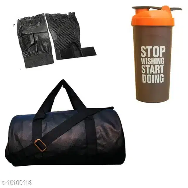 Combo of Gym Bag with Shaker Bottle, 400 ml, Gloves, Multicolor, Set of 3