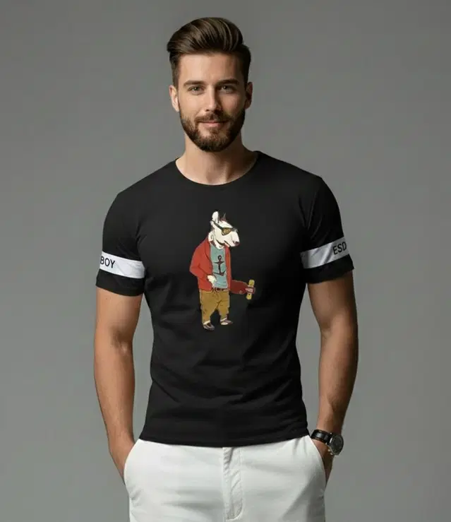 Polyester Printed T-shirt for Men, Black (M)