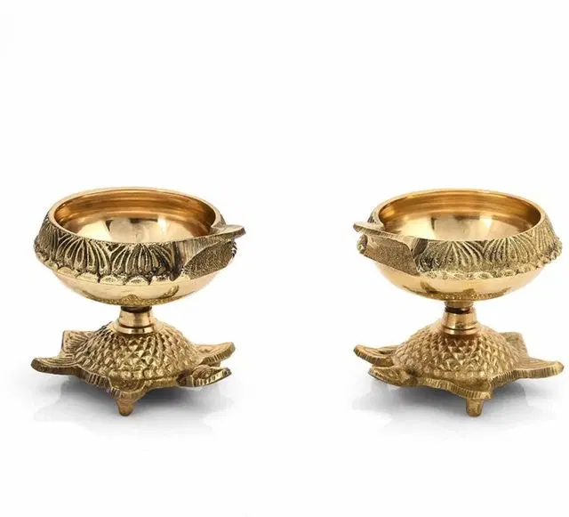 Heaven Decor Small Brass Kuber Tortoise Deepak Diya Oil Lamp For Puja, Pack of 2, A030
