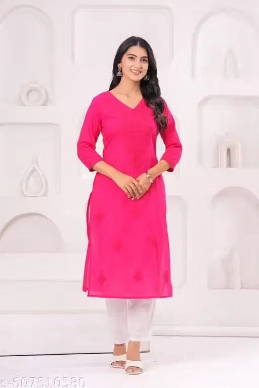 Cotton Chikankari Kurti for Women, Dark Pink (XXL)