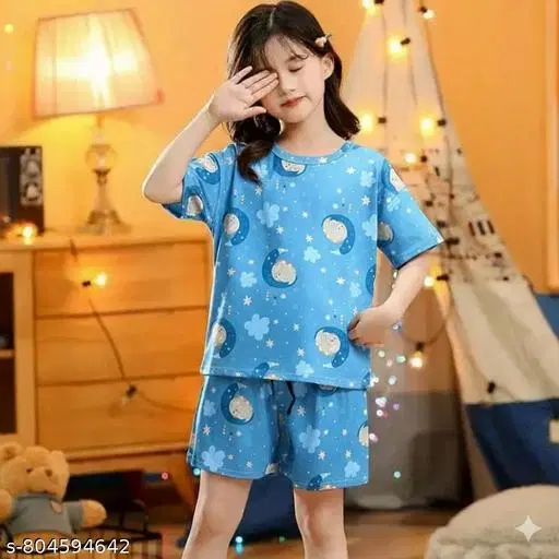 Night Suit for Girls (Aqua Blue, 9-10 Years)