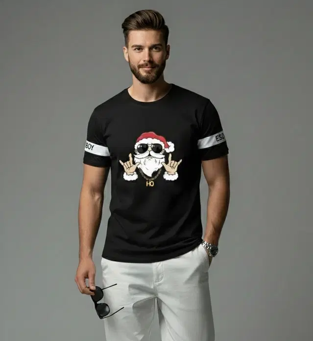 Polyester Printed T-shirt for Men, Black (XL)