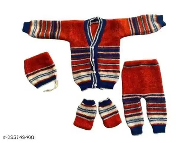 Woolen Sweater & Pant with Socks & Cap for Kids (Multicolor, 0-3 Months)