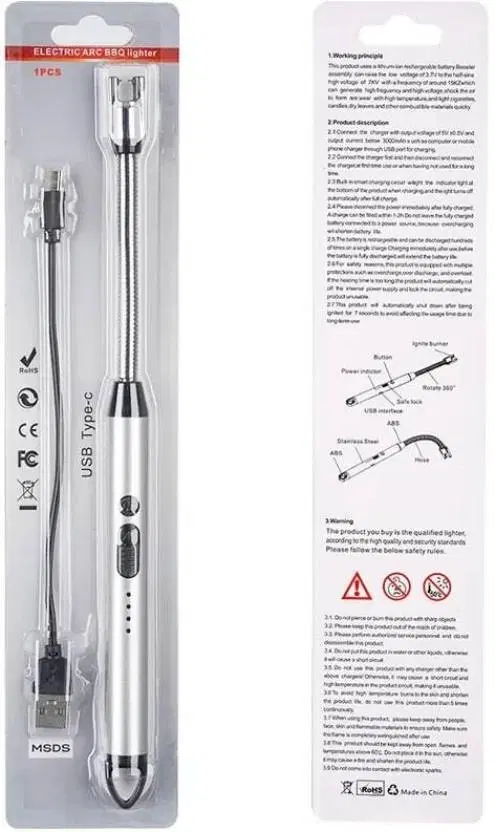 Rechargeable Flameless & Windproof Gas Lighter with LED Battery Indicator, Multicolor, Pack of 1