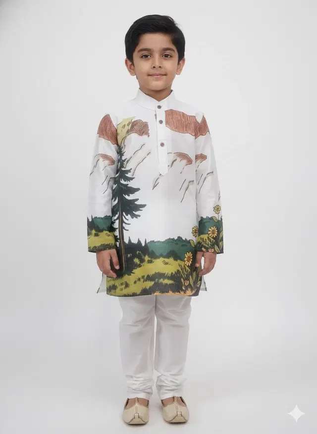 Silk Blend Printed Kurta & Paints Set for Boys , Cream (2-3 Years)