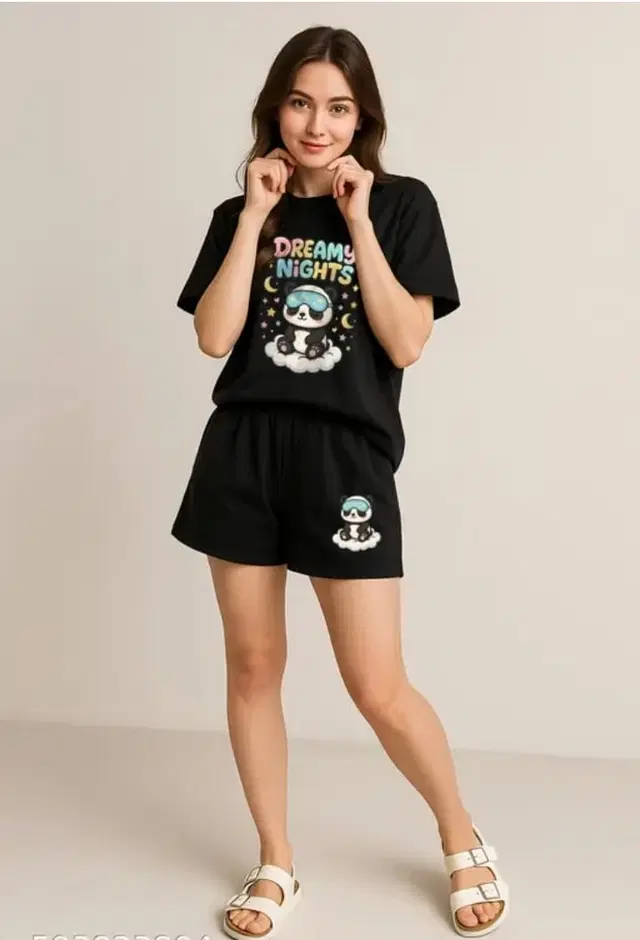 Cotton Blend Printed Top & Bottom Set for Women, Black (XS)