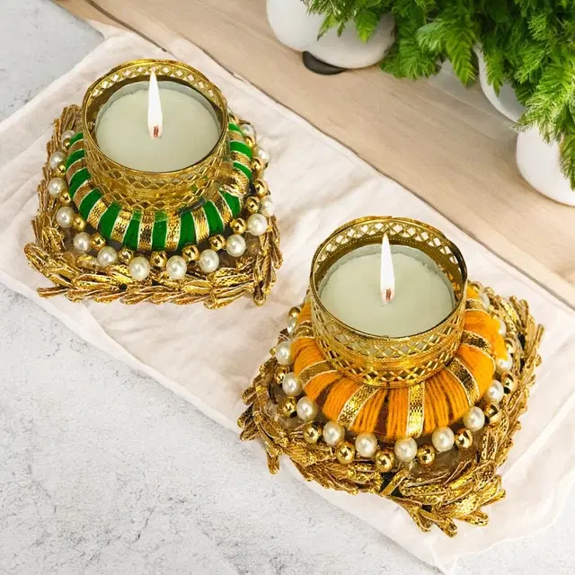 Metal Designer Tealight Candle Holder, Multicolor, 9.5x9.5x4 cm, Pack of 2