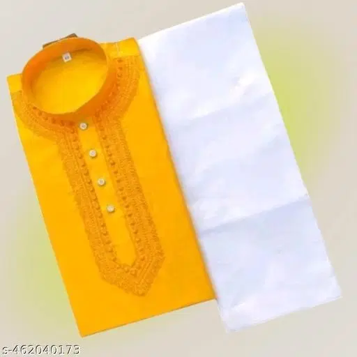 Cotton Solid Kurta Set for Men, Yellow & White (M)