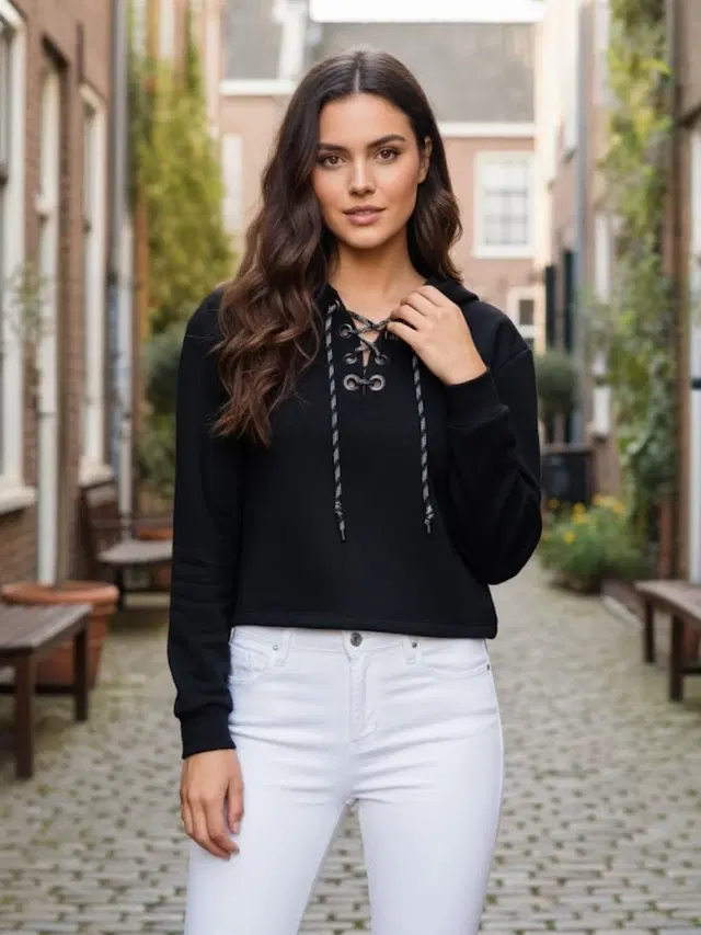 Fleece Printed Hoodie For Women, Black (S)