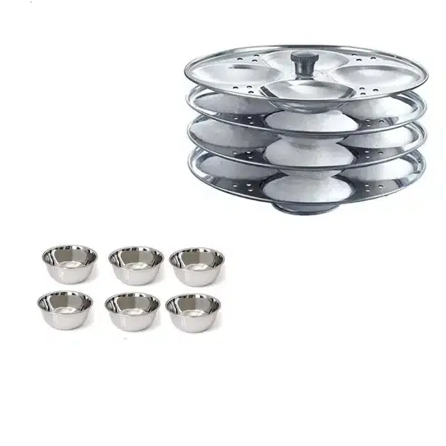 Stainless Steel 6 Chatni Katori & Idli Making Stand, Combo of 2