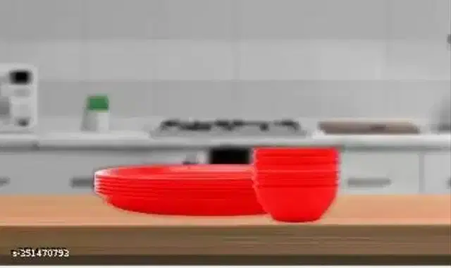 Plastic 6 Pcs Plates with 6 Pcs Spoons & 6 Pcs Bowls, 250 ml, Red, Set of 3