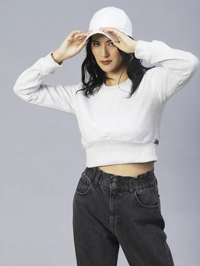 Women's Corset Fit Round Neck Sweatshirt (Off White, S)