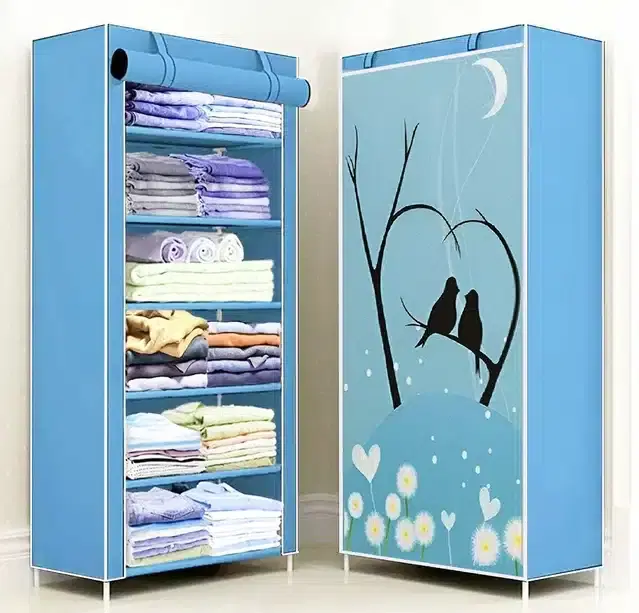 6 Layers Printed Collapsible Wardrobe, Sky Blue