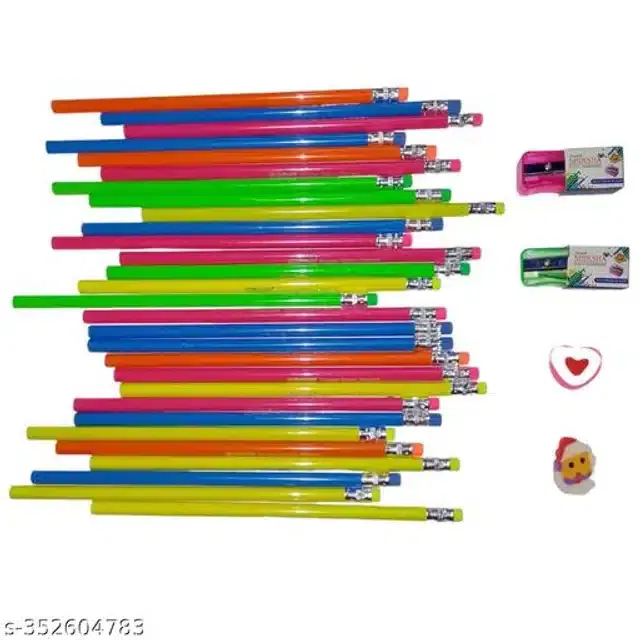, 35 Pcs Pencil with 2 Pcs Eraser & 2 Pcs Sharpner, Multicolor, Set of 3