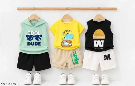 Cotton Top & Bottom Sets for Boys, Pack of 3 (Yellow, 0-3 Months)