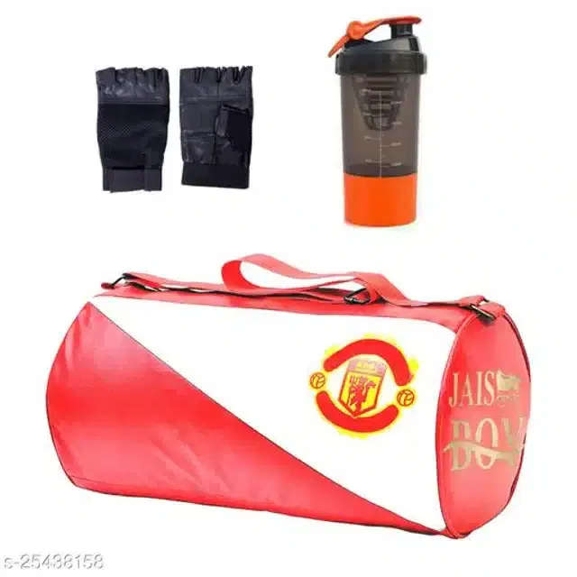 Combo of Gym Bag with Shaker Bottle, 400 ml, Gloves, Multicolor, Set of 3