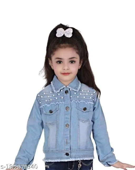 Denim Solid Jacket for Girls (Blue, 7-8 Years)