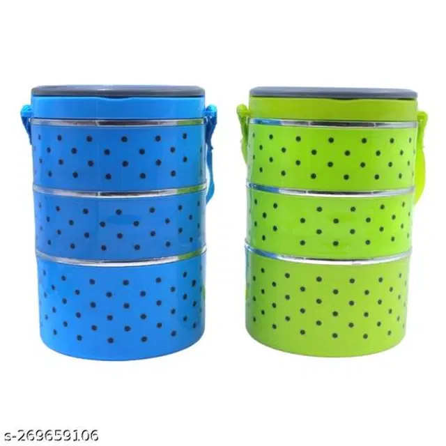 Plastic 3 Layer Lunch Box, Blue & Green, Pack of 2