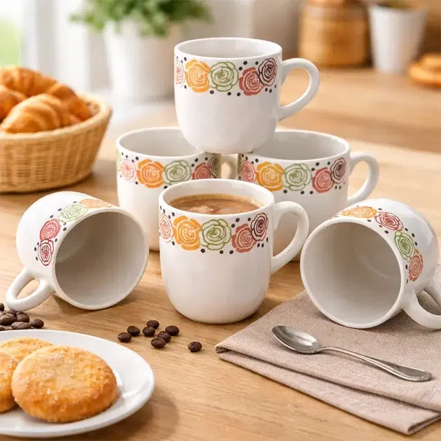 Ceramic Tea & Coffee Cup, White, Pack of 6 (140 ml)