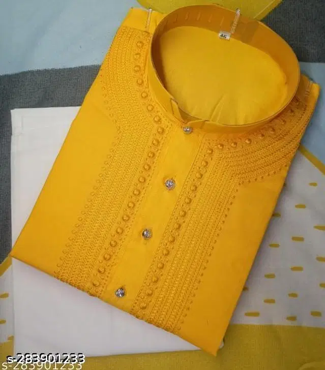 Cotton Embroidered Kurta with Pyjama for Men (Yellow & White, XXL)