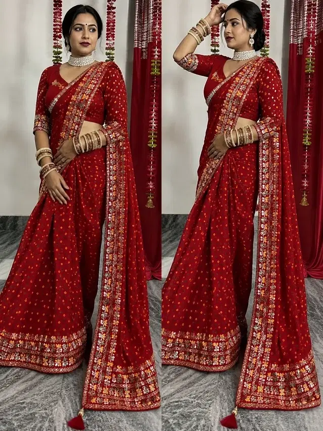 Chiffon Solid Saree For Women, Red
